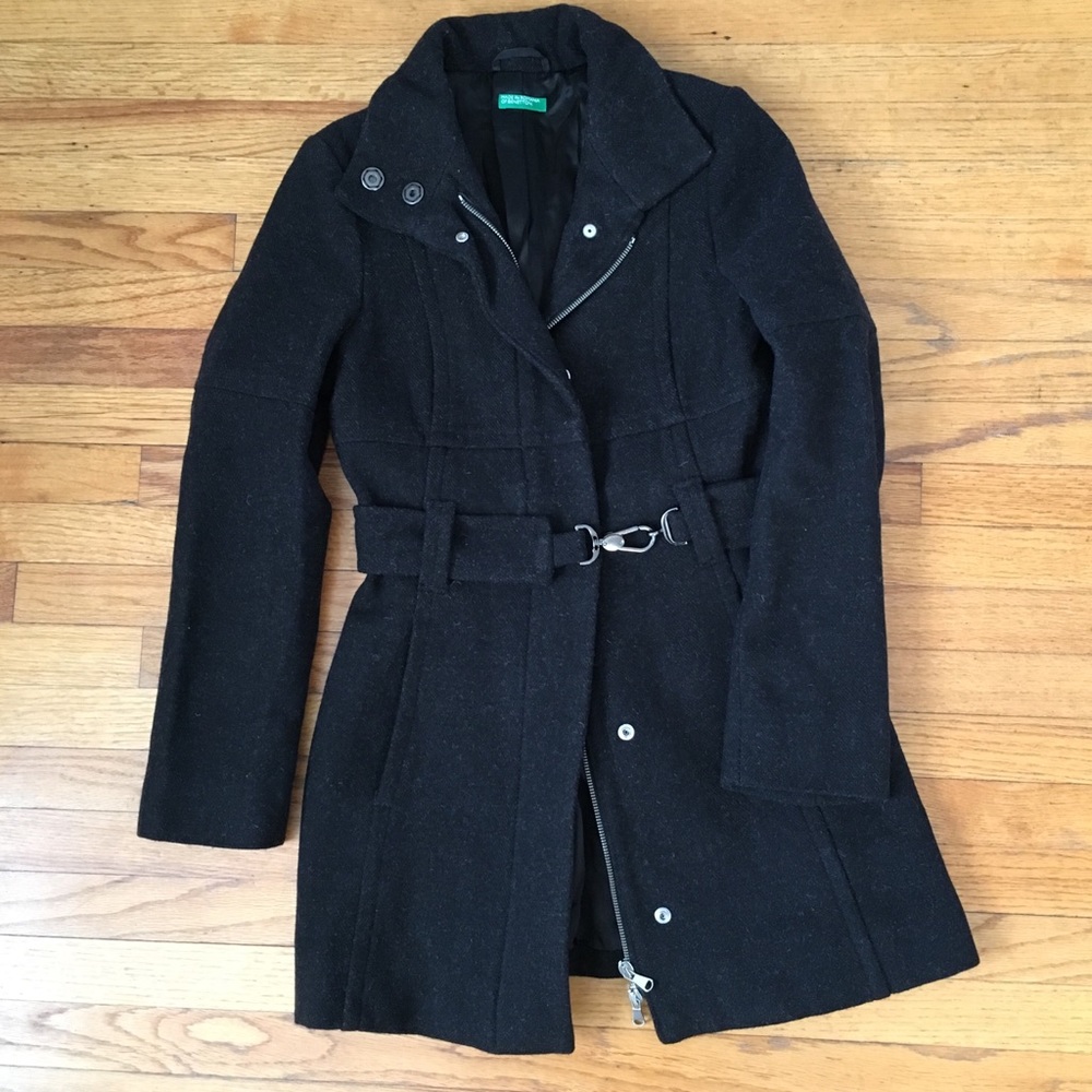 Benetton Dk Grey Wool Pea Coat Single Breasted
